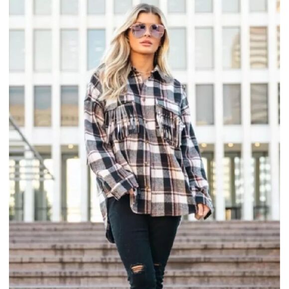 Kittenish Plaid Shacket S Buffalo Plaid Western Boho Fringe Raleigh Flannel Wear - Picture 1 of 6